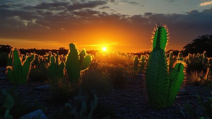 Sunset over a cactus-filled desert with setting sun, glowing spines, dramatic clouded sky and warm golden light conveying serene peaceful solitude