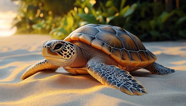 sea turtle resting on warm sunlit sand near coastal greenery at golden hour with detailed patterned shell and flippers, calm and serene mood
