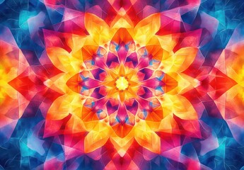 vibrant symmetrical floral mandala with glowing golden center and layered translucent petals in bright yellows, oranges, pinks and blues, radiating energetic joyful light