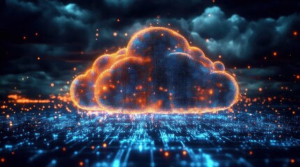 Glowing digital cloud of orange and blue lights hovering above a neon circuit grid with floating sparks and dark stormy clouds, futuristic energetic and dramatic atmosphere