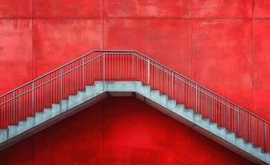 Concrete exterior staircase with metal railings against a vibrant red textured wall, stark geometric symmetry conveying bold minimalist urban drama