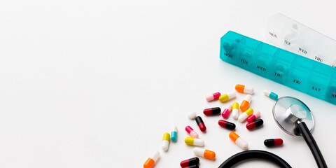 Pills stethoscope and pillbox on white background healthcare and medical concept