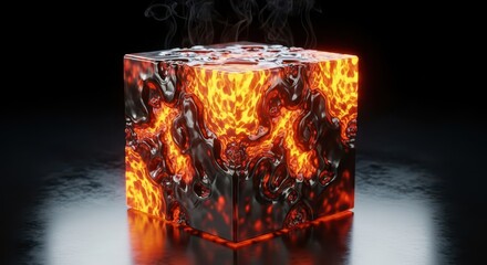 Glowing molten core illuminates a dark, structured geometric solid emitting vapor