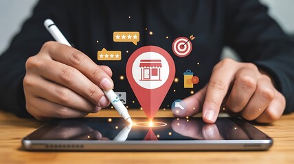 Person using a digital tablet for local business discovery and growth