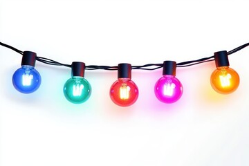 row of five colorful hanging globe string lights casting a warm festive glow on a white background, cheerful party decoration