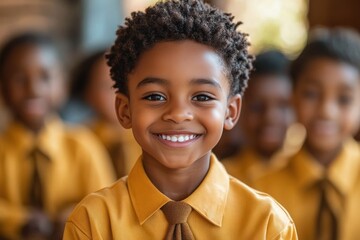 group of young students in yellow school uniforms with brown ties sitting attentively in a classroom, focused and calm