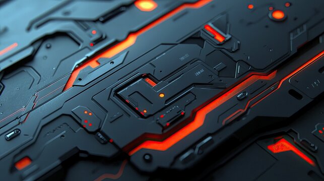 A close-up, abstract view of a dark, textured metallic surface with intricate geometric patterns. Bright orange lines and small glowing dots are embedded within