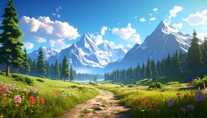 A vibrant vista. Lush green meadow dotted with wildflowers leads toward majestic snow-capped mountains under a clear blue sky