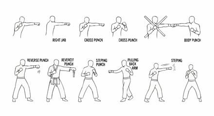 Set of Hand Drawn Martial Arts Punching and Blocking Techniques.