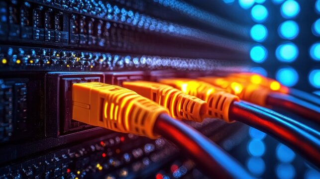 Close-up of glowing orange ethernet cables plugged into a network switch with vibrant blue LEDs, conveying high-tech energy, speed and reliable connectivity
