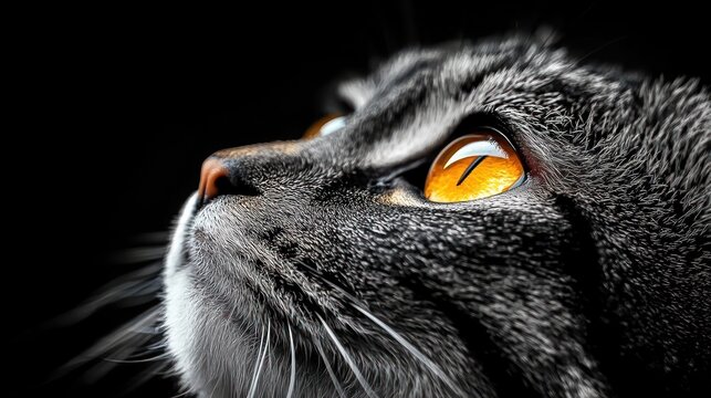 Close-up profile of a gray cat with golden eyes, whiskers and textured fur gazing upward, curious and alert against a dark background
