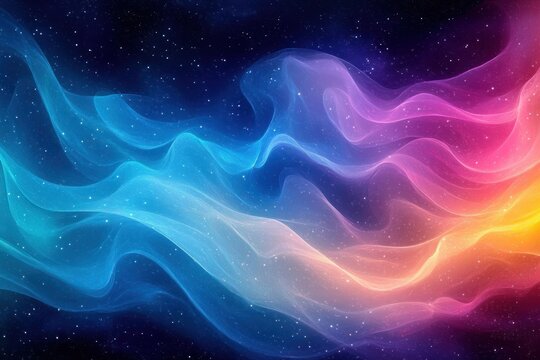 Ethereal flowing translucent ribbons of blue, purple, pink and orange light sweeping across a starry deep space background creating a dreamy serene cosmic mood - Powered by Adobe