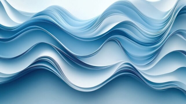 Layered blue flowing wave ribbons and smooth curved paperlike layers forming an abstract undulating landscape, conveying serenity and calm minimalist atmosphere