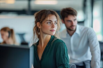 woman in green blouse seated at an office desk looking thoughtful while a male colleague in a white shirt leans behind her in a modern open-plan workspace, calm focused atmosphere
