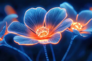 Close-up of glowing blue flowers with neon orange centers and delicate veined petals, ethereal and serene mood