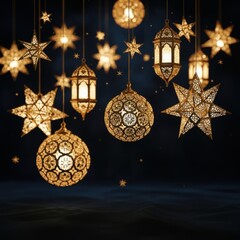 Ornate golden lanterns and star-shaped lights glowing against a dark, mystical background, creating a festive atmosphere.