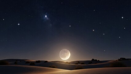 A serene night scene in a desert with sand dunes, a crescent moon, and a star-filled dark sky.