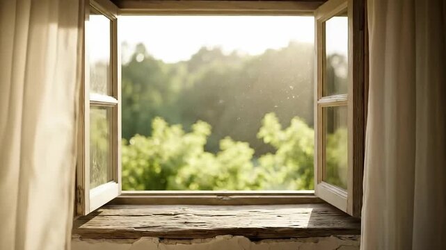 Rustic open window with blowing curtain and sunlight on green trees