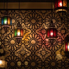 Vibrant Middle Eastern lanterns with intricate geometric patterns illuminate a decorative wall.