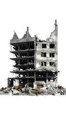 Severely damaged multi-story building with exposed interiors, rubble below