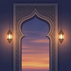 Ornate Islamic archway with two glowing lanterns framing a beautiful sunset sky.