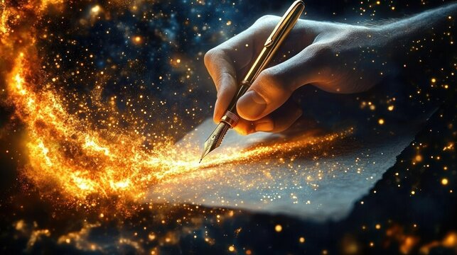 hand holding a gold fountain pen writing a glowing trail of golden sparks and light on paper, evoking wonder and creative inspiration
