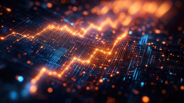 glowing orange data waveform traversing a blue circuit grid with scattered light bokeh, energetic futuristic digital pulse