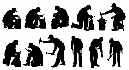 Silhouettes of workers engaged in various manual labor tasks with tools.
