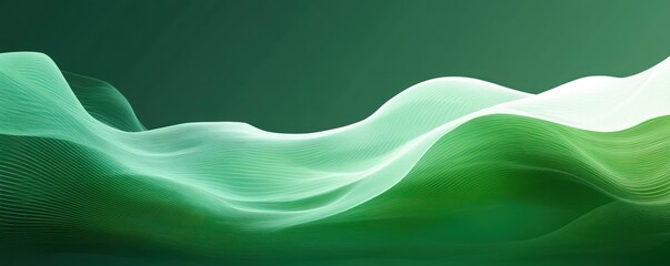 translucent layered green ribbons and fine wave lines flowing across a smooth gradient background, evoking calm and serene motion