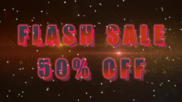 Flash sale fifty percent off promotional banner with glowing particles and lens flare effect