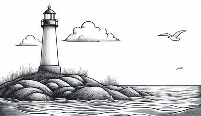 Lighthouse on rocky shoreline with windswept grasses, gentle waves, drifting clouds and a lone seagull, evoking calm peaceful solitude