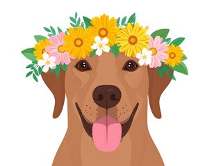 Smiling dog with flower crown, looking directly at the viewer