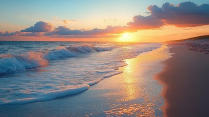 sunset over a sandy beach with gentle foamy waves, glowing golden reflection on wet sand, pastel clouds and coastal dunes with grass, peaceful and tranquil mood