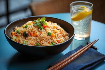 hearty bowl of vegetable fried rice with peas carrots and cilantro, wooden chopsticks on a napkin and a glass of lemon water on a blue table, warm inviting and appetizing