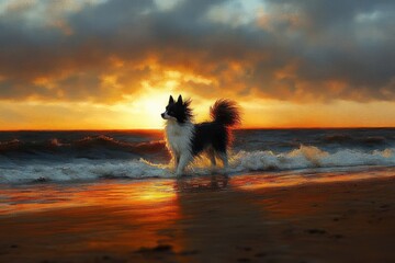 black and white dog standing in shallow waves on a reflective beach at sunset with dramatic clouds and warm golden light, evoking a peaceful, contemplative mood