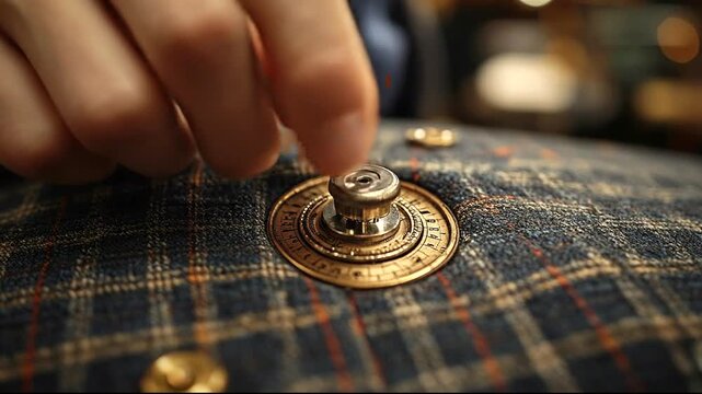 Close-up of a hand fastening a stylish button