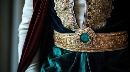 close-up of ornate gold embroidered belt with large green gemstone on luxurious teal velvet skirt and beaded bodice, maroon drape and white sleeve conveying regal elegance