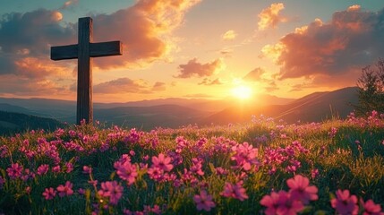 wooden cross atop a wildflower meadow at sunrise with golden sky, distant rolling mountains and clouds, peaceful hopeful and reverent atmosphere