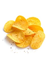 Stack of crispy, golden, seasoned potato crisps, isolated on white