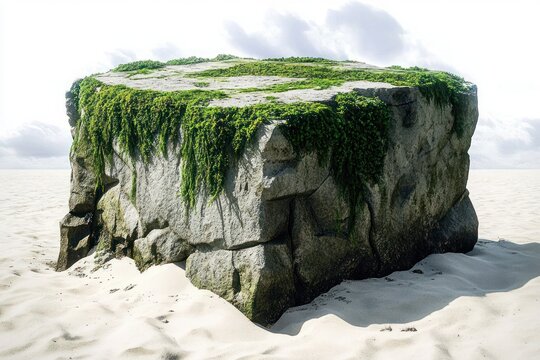large moss-covered cube-shaped boulder on a windswept sandy beach under a bright cloudy sky, serene and slightly mysterious coastal scene - Powered by Adobe