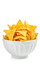 Stacked corn tortilla chips in a white bowl, against a white background