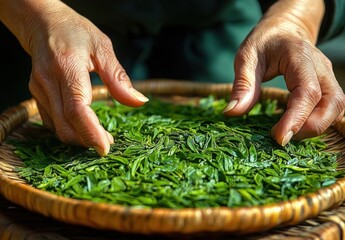 Gentle hands sorting fresh green tea leaves on a woven bamboo tray, tender focused care in warm sunlight