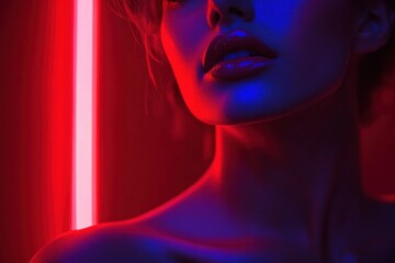 Bare shoulder, collarbone and neck illuminated by red and blue neon with a vertical glowing tube, close-up portrait fragment conveying moody, intimate, mysterious futuristic atmosphere
