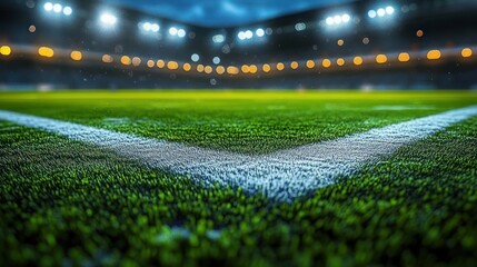 Close-up of a soccer pitch corner with glistening green grass and crisp white painted line under bright stadium floodlights and blurred crowd lights, conveying anticipation and excitement
