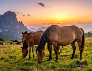 Several horses graze in a grassy meadow, silhouetted against a setting sun behind a large mountain
