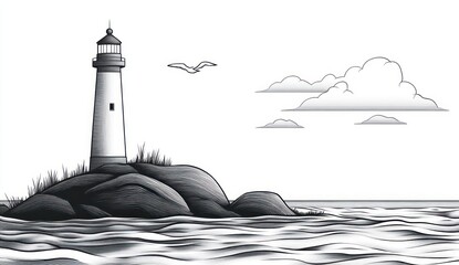 monochrome lighthouse on a rocky shore with windswept grasses, gentle waves, a seagull in flight and layered clouds conveying calm solitude