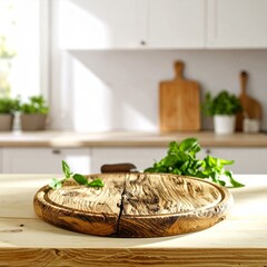 A small round wooden slice on a white counter with a bright, out-of-focus modern kitchen environment behind it.