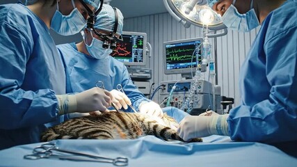 Veterinary Surgeons Performing Surgery on Feline Patient in Operating Room Under Surgical Lighting
