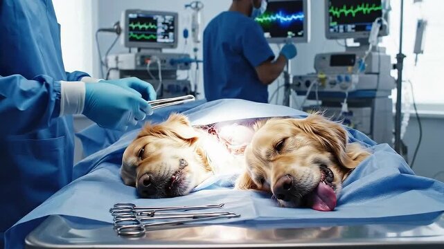 Veterinary Surgery Operation Room Two Golden Retrievers Anesthetized And Prepared For Surgery Surgical Team