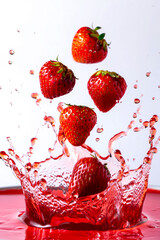 Fresh red strawberry dropping into clear water creating a vibrant splash